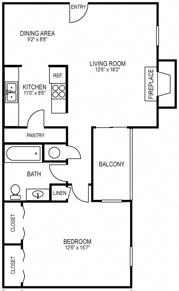 Floor plan for 1 bed, 1 bath, 800 sqft